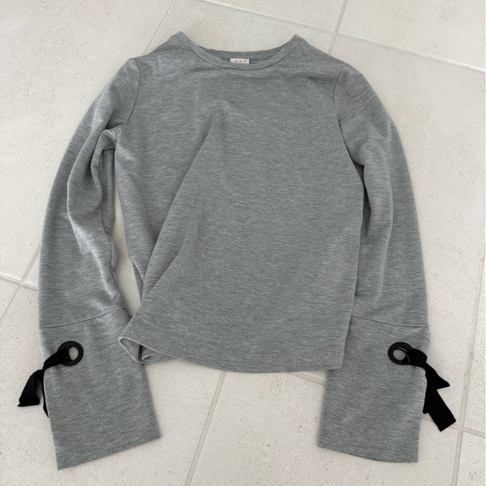 Gray Long Sleeve Top with Black Ribbon Detail
